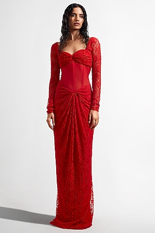 Red Net & Lycra Corset Dress Design by Deme by Gabriella at Pernia's Pop Up  Shop 2024