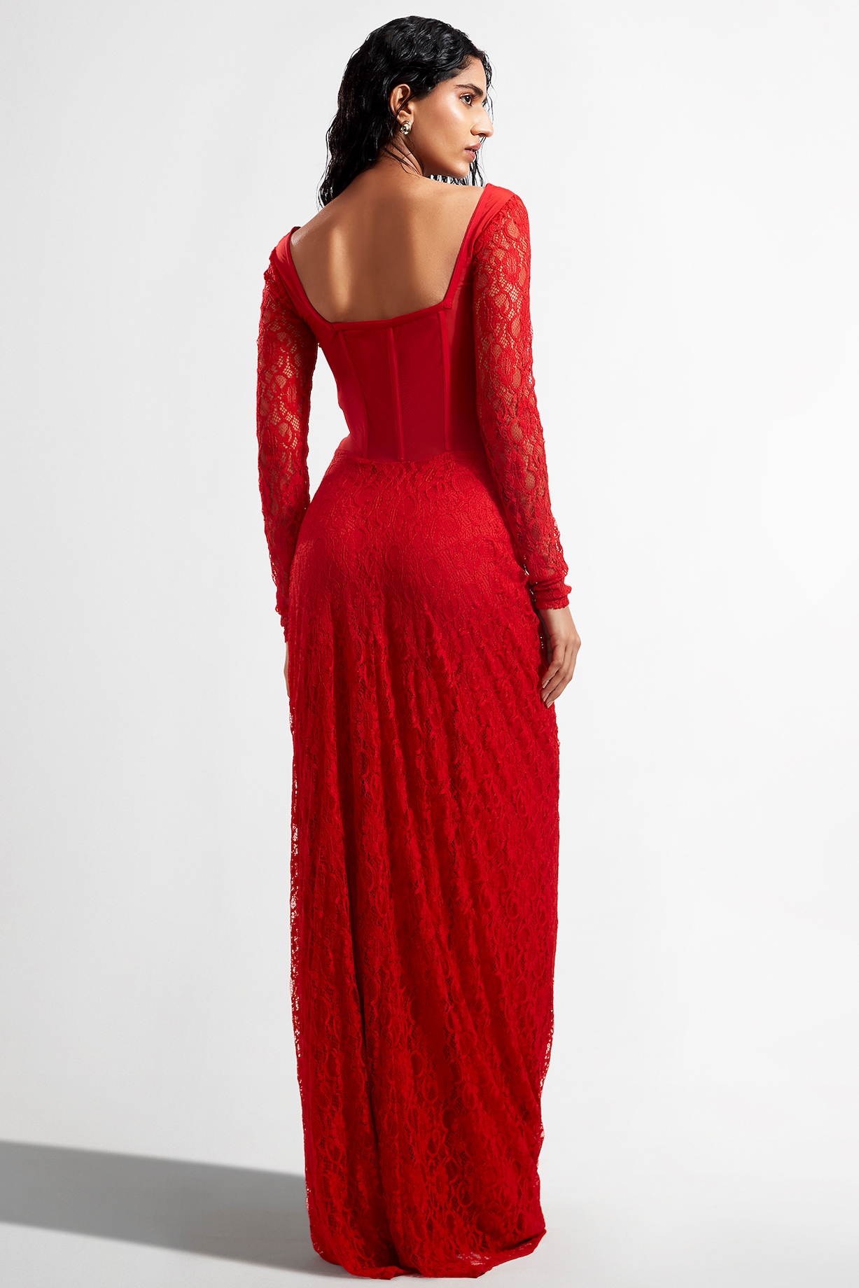 Red Malai Lycra Corset Draped Gown Design by Deme by Gabriella at