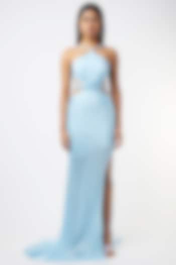 Light Blue Satin Backless Gown by Deme by Gabriella