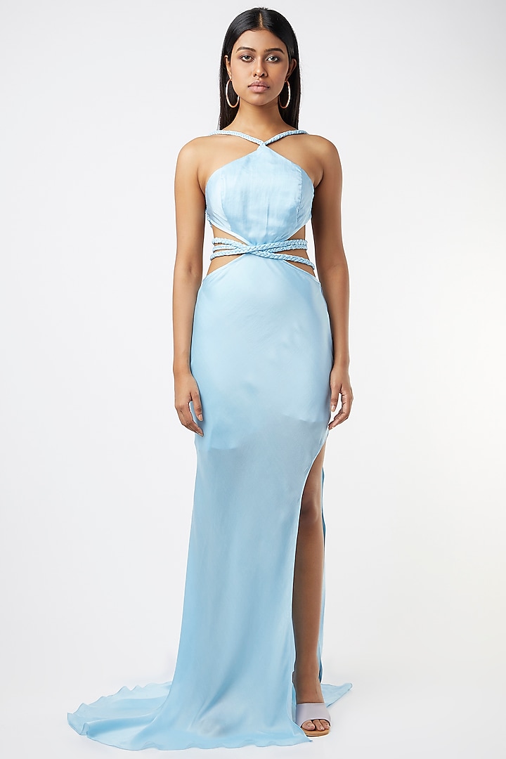 Light Blue Satin Backless Gown by Deme by Gabriella