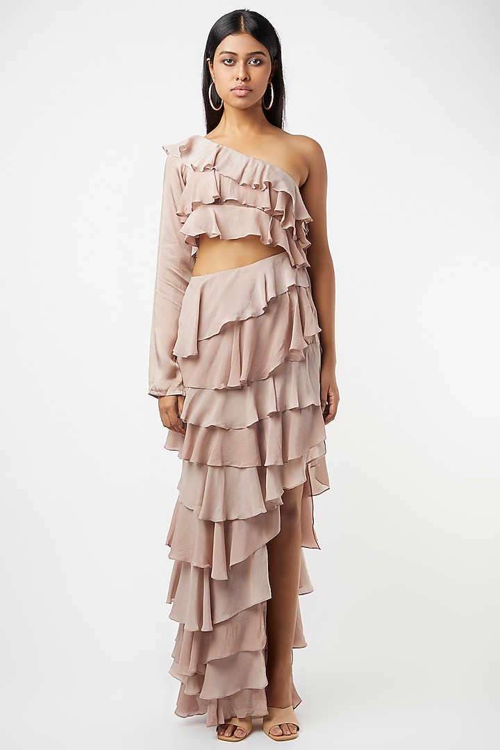 Beige Ruffled One-Shoulder Dress by Deme by Gabriella