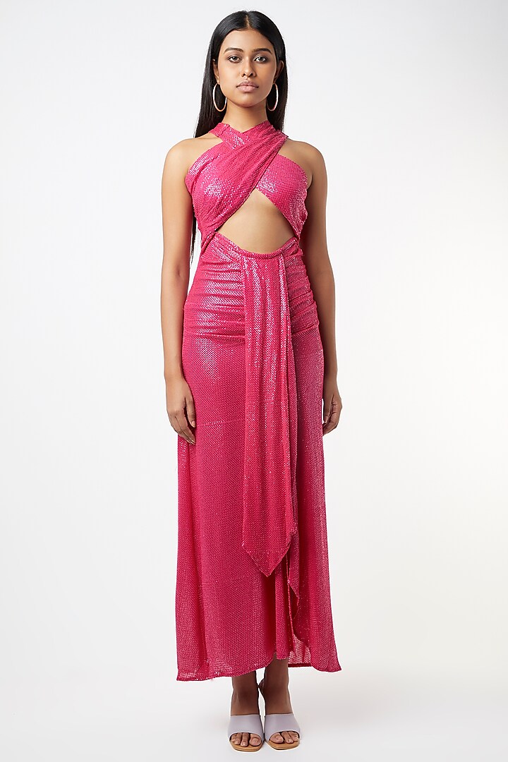 Hot Pink Sequinsed Draped Dress by Deme by Gabriella