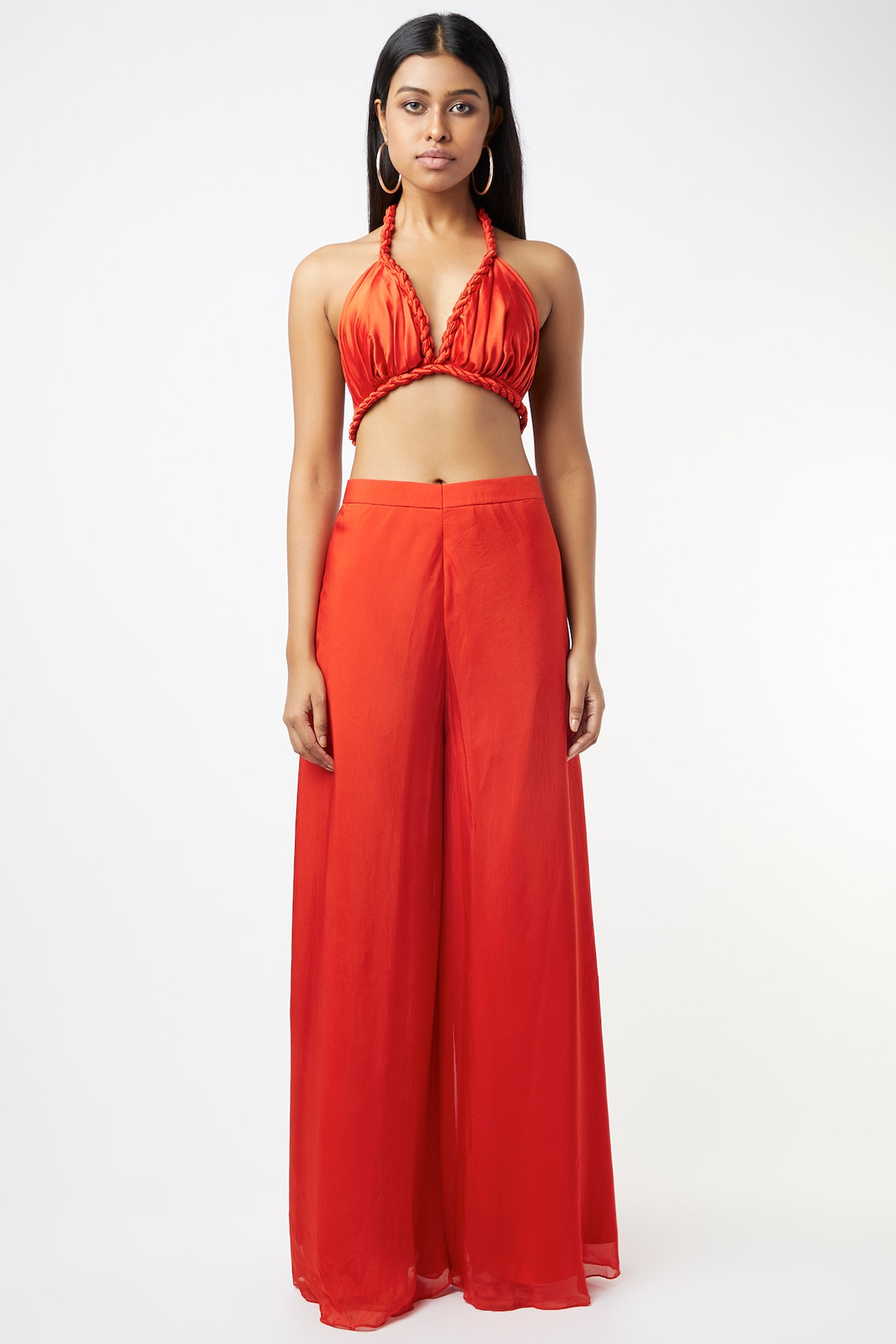 Tangerine Satin Palazzo Pant Set With Cape Design by Deme by