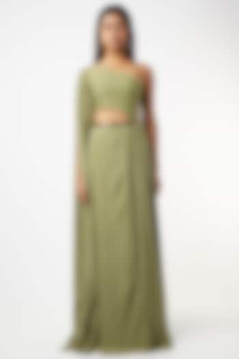 Olive Green Embroidered One-Shoulder Gown by Deme by Gabriella