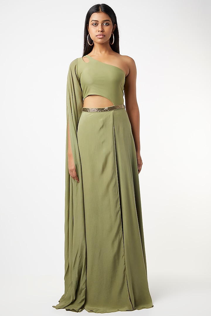 Olive Green Embroidered One-Shoulder Gown by Deme by Gabriella
