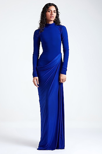 Electric Blue Malai Lycra & Net Cowl Draped Engagement Gown by Deme by Gabriella at Pernia's Pop Up Shop