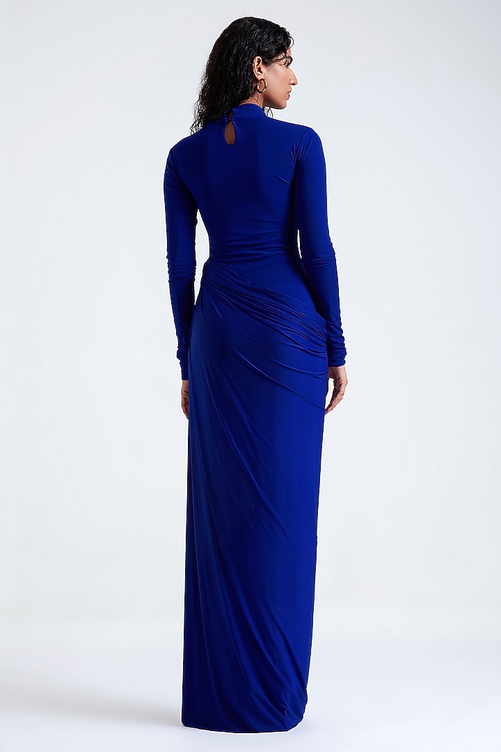 Electric Blue Malai Lycra & Net Cowl Draped Engagement Gown by Deme by Gabriella at Pernia's Pop Up Shop
