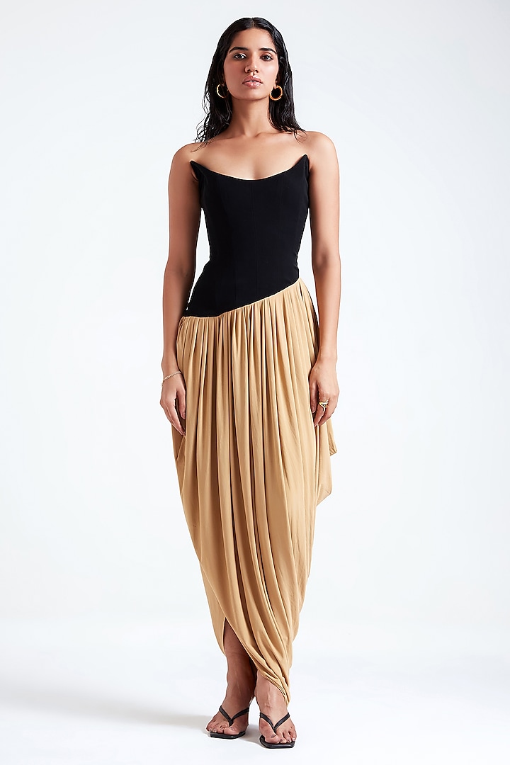 Black & Beige Malai Lycra Asymmetrical Gown by Deme by Gabriella at Pernia's Pop Up Shop