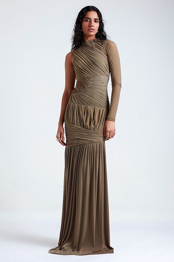 French Grey Malai Lycra & Net Paneled Gown by Deme by Gabriella