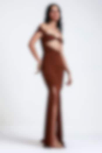 Burnt Brown Malai Lycra & Net Gown by Deme by Gabriella