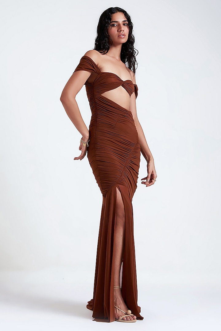 Burnt Brown Malai Lycra & Net Gown by Deme by Gabriella