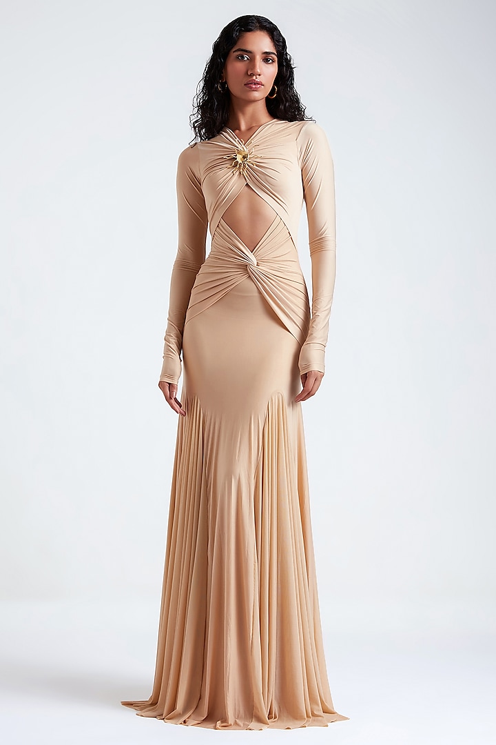 Wheat Beige Malai Lycra & Net Gown by Deme by Gabriella