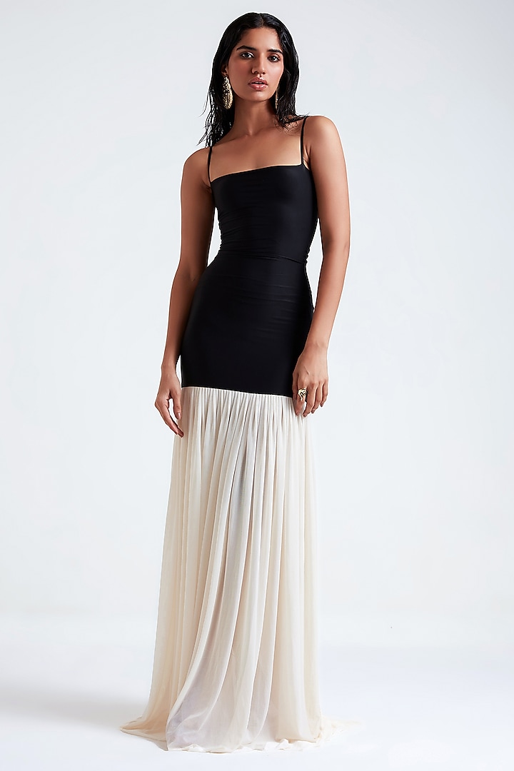 Black & Off-White Malai Lycra Gown by Deme by Gabriella