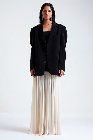 Black & Off-White Malai Lycra Gown With Blazer by Deme by Gabriella