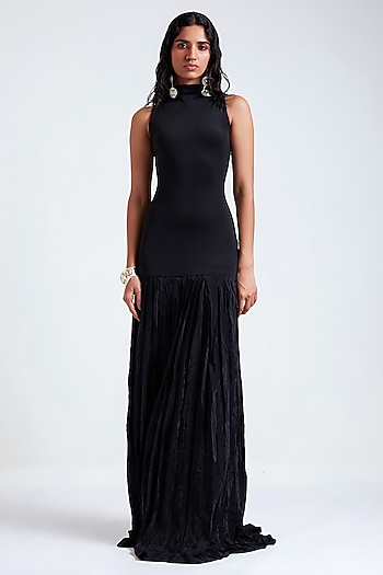 Black Crepe & Net Party Wear Gown by Deme by Gabriella at Pernia's Pop Up Shop