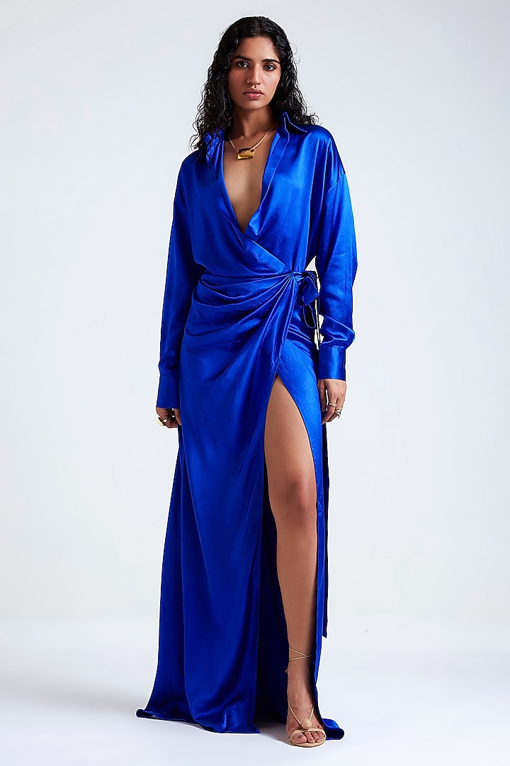 Electric Blue Heavy Satin Wrap-Style Gown by Deme by Gabriella at Pernia's Pop Up Shop