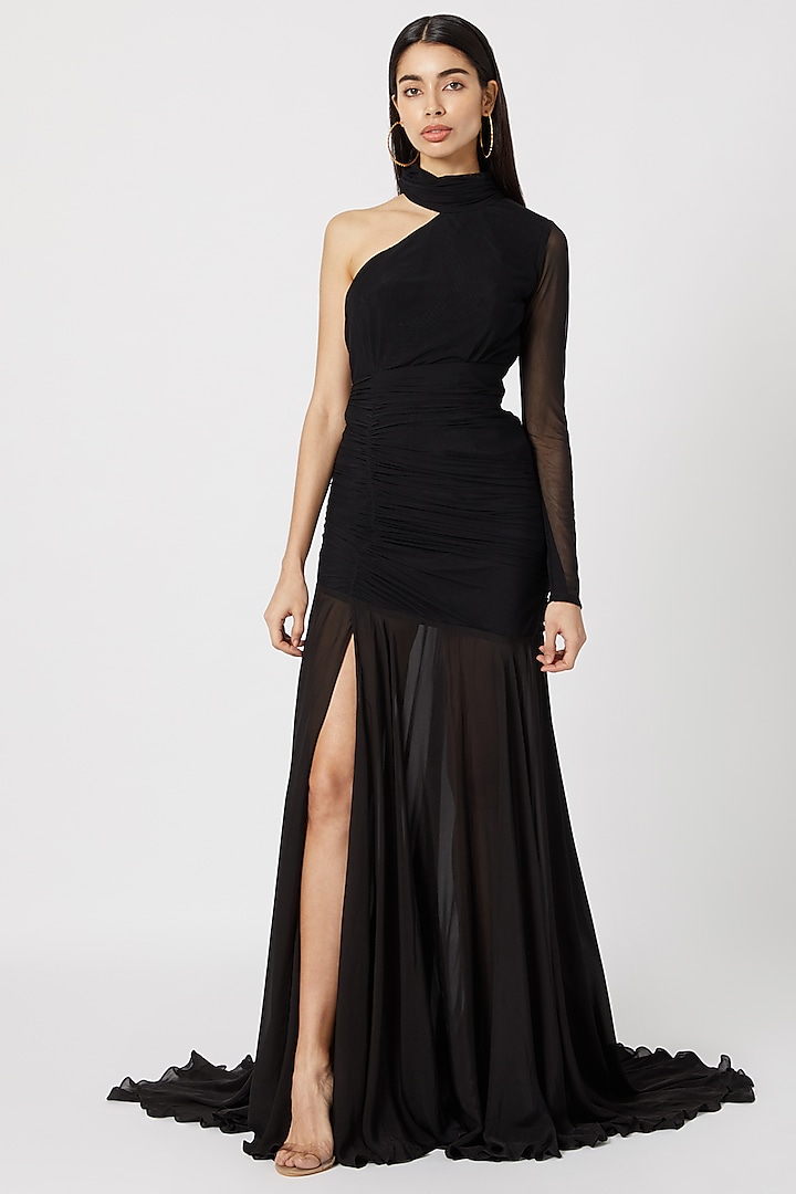 Black One Shoulder Ruched Gown by Deme by Gabriella