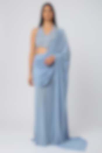 Baby Blue Malai Lycra Saree Set by Deme by Gabriella
