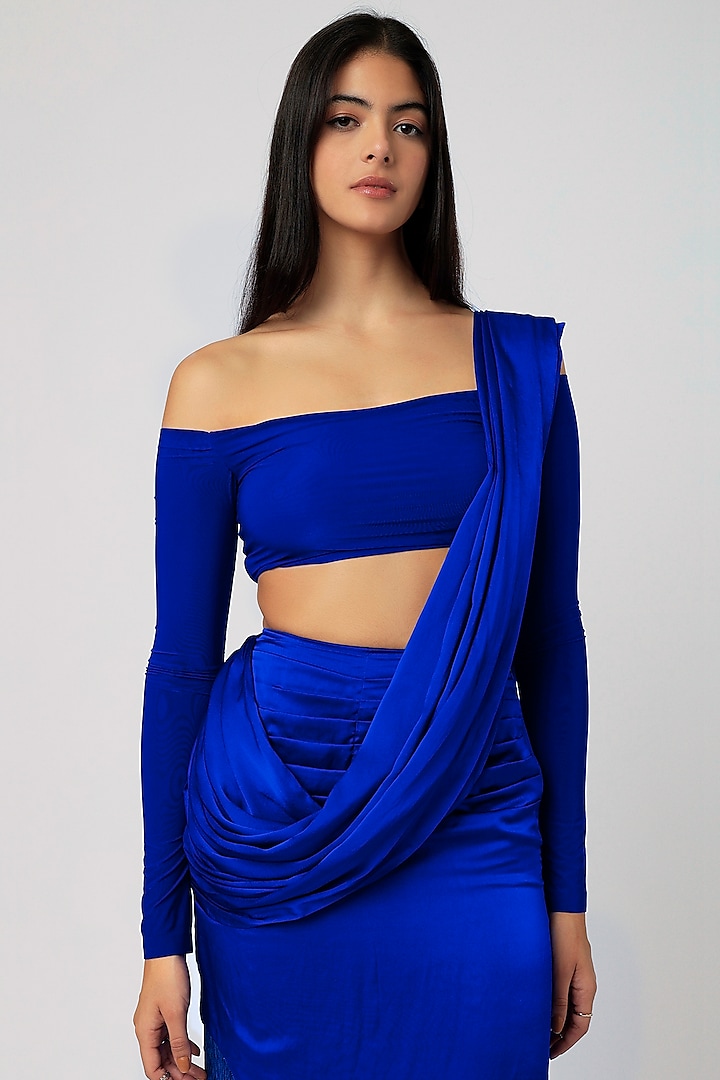Cobalt Blue Malai Lycra Pre-Stitched Saree Set by Deme by Gabriella