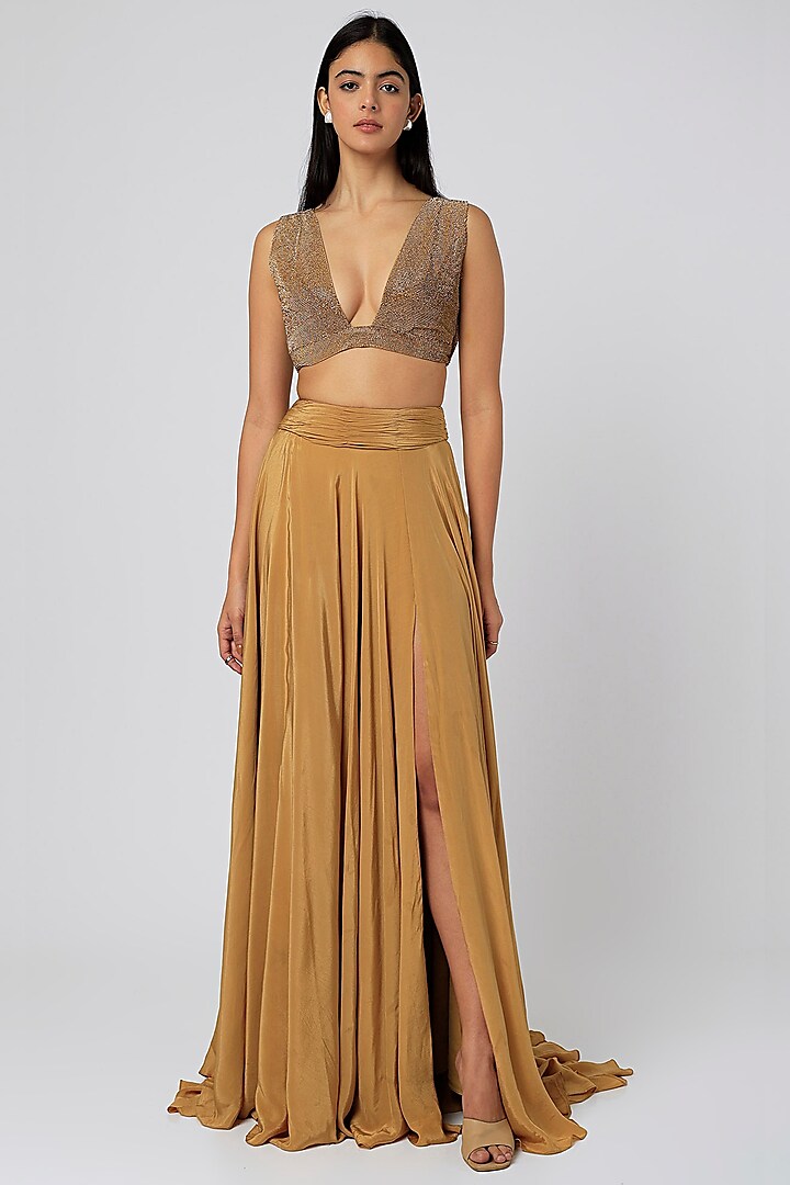 Gold Crepe Skirt Set by Deme by Gabriella