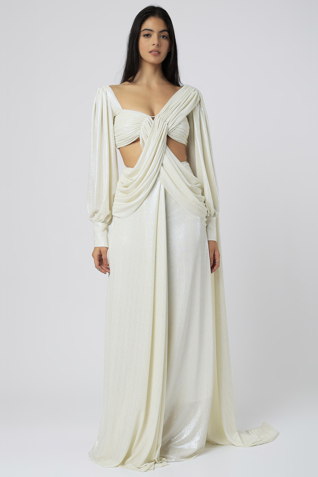 White Shimmer Draped Party Wear Saree Gown by Deme by Gabriella at Pernia's Pop Up Shop