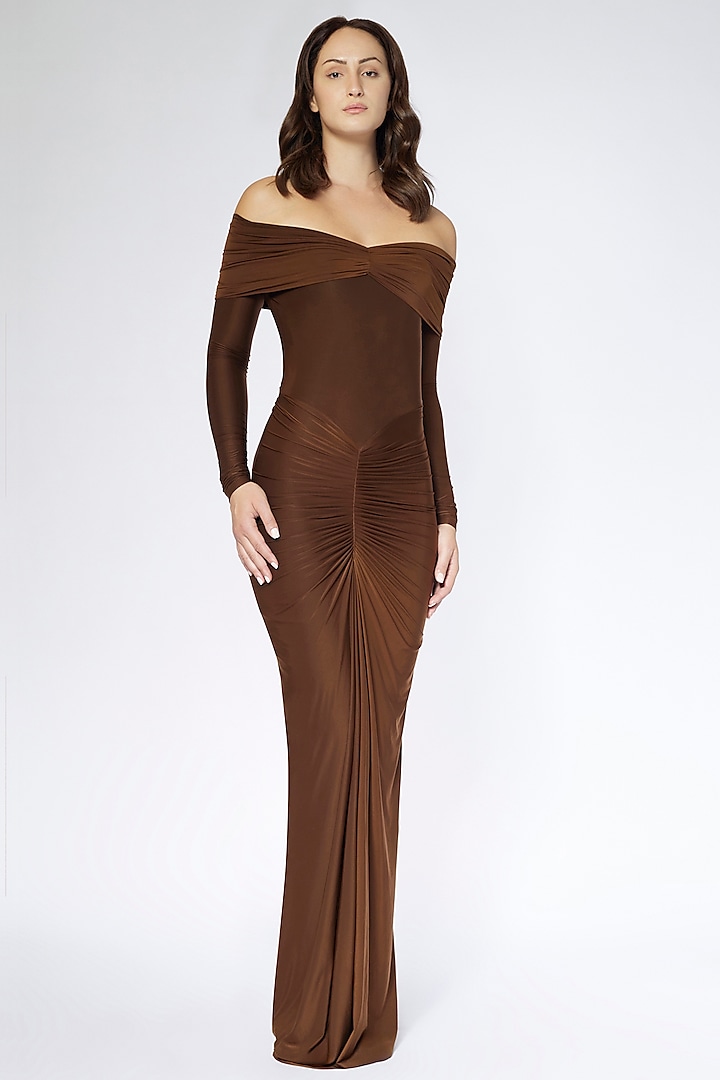 Chocolate Brown Malai Lycra Off-Shoulder Dress by Deme by Gabriella