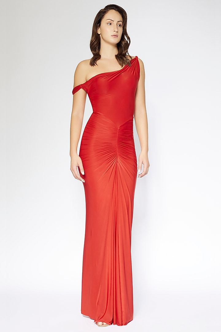 Red Malai Lycra One-Shoulder Dress by Deme by Gabriella