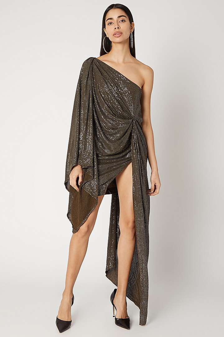 Olive Green Sequins Draped Dress by Deme by Gabriella