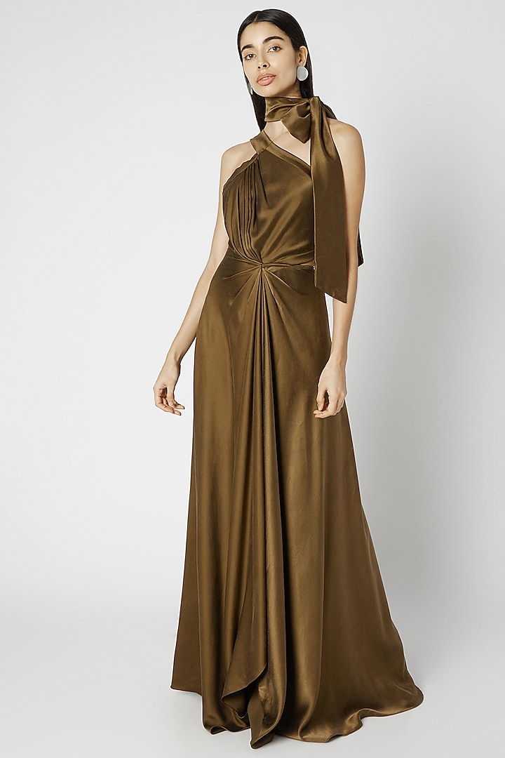 Olive Green One Shoulder Gown by Deme by Gabriella