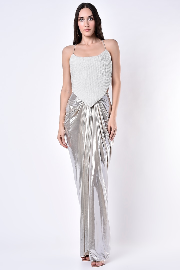 Silver Metallic Pleated Skirt Set by Deme X Kalki