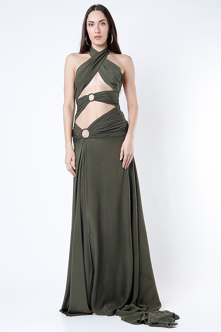 Olive Green Criss Cross Gown by Deme by Gabriella