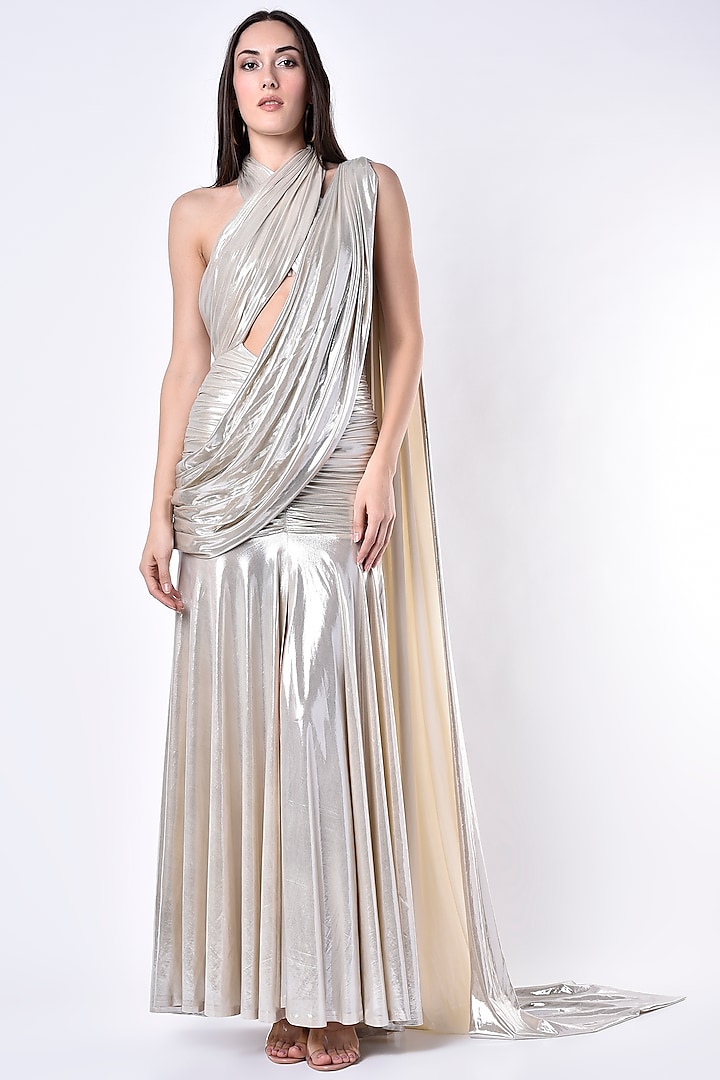 White Metallic Draped Gown by Deme X Kalki at Pernia's Pop Up Shop