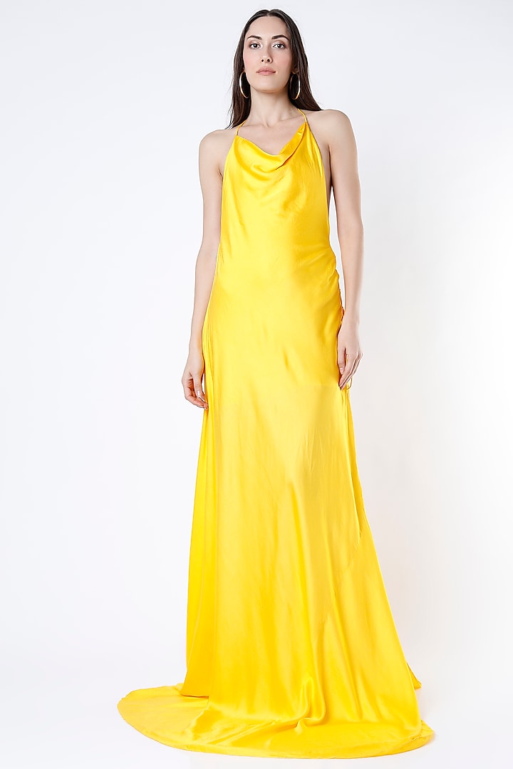 Yellow Satin Backless Gown by Deme by Gabriella