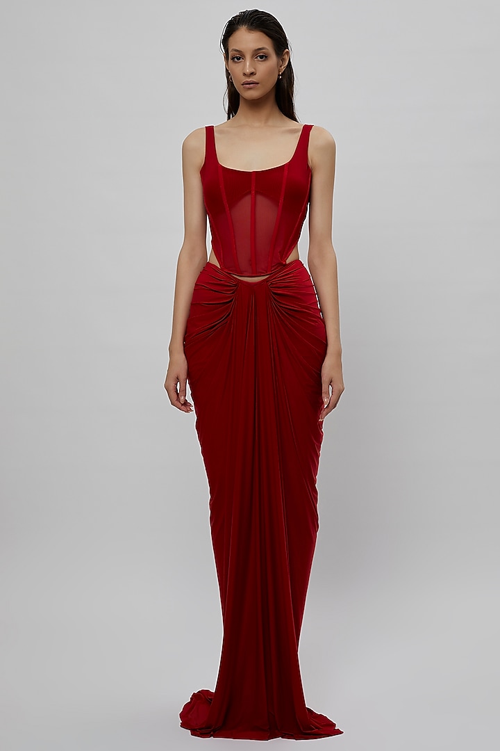 Red Net & Lycra Corset Dress by Deme by Gabriella