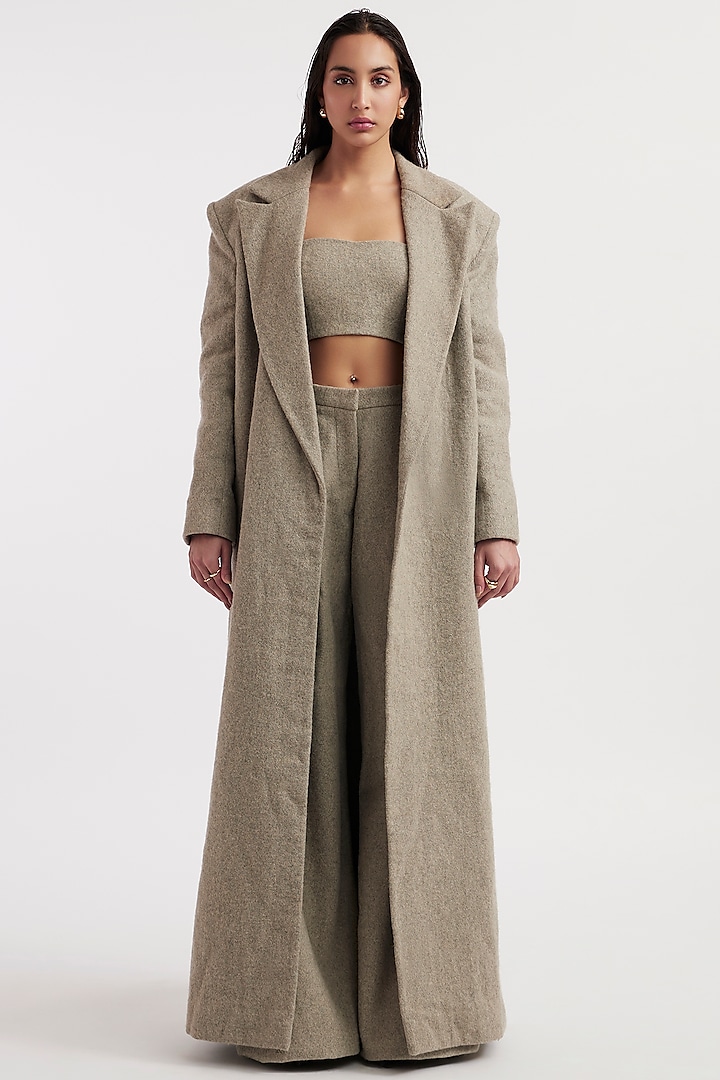 Grey Wool Melton & Sequins Pant Set With Overcoat by Deme by Gabriella at Pernia's Pop Up Shop