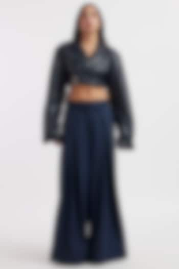 Navy Blue Leather & Suiting Cropped Jacket Set by Deme by Gabriella at Pernia's Pop Up Shop