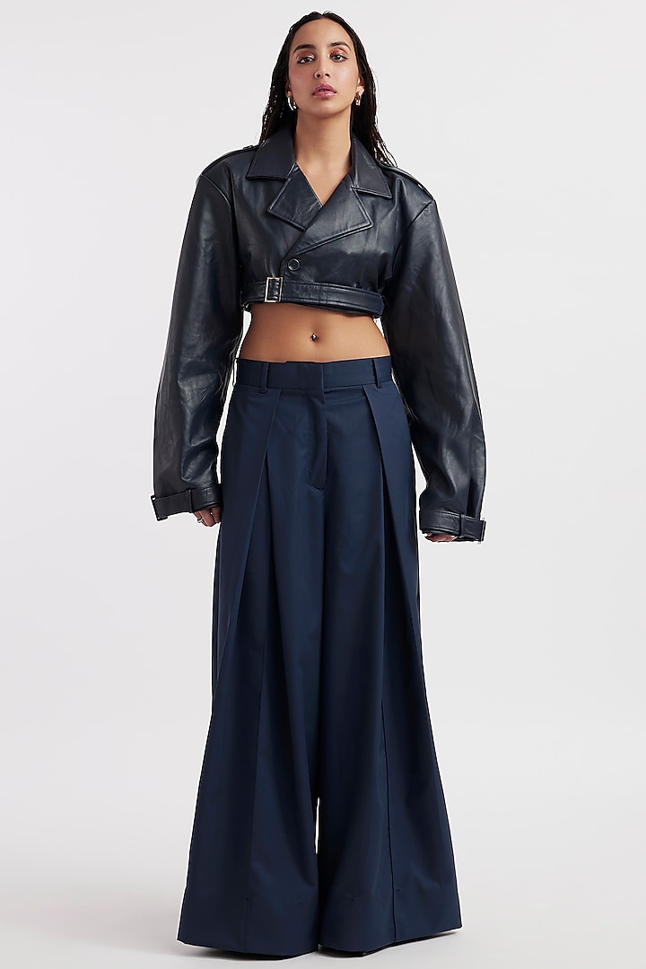 Navy Blue Leather & Suiting Cropped Jacket Set by Deme by Gabriella at Pernia's Pop Up Shop