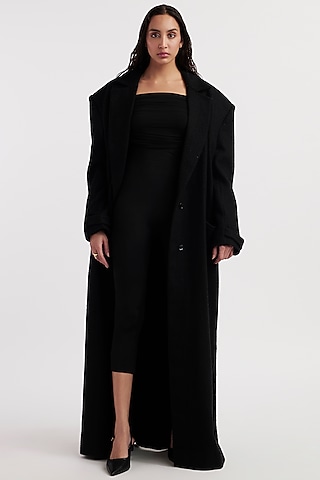 Black Wool Melton & Malai Lycra Catsuit With Trench Coat by Deme by Gabriella