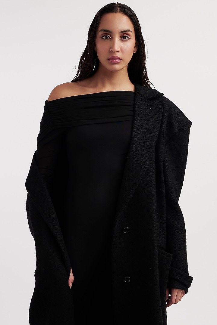 Black Wool Melton & Malai Lycra Catsuit With Trench Coat by Deme by Gabriella at Pernia's Pop Up Shop