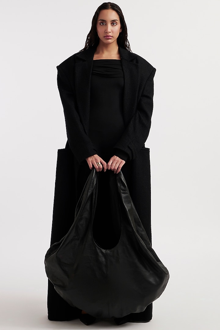 Black Wool Melton & Malai Lycra Catsuit With Trench Coat by Deme by Gabriella at Pernia's Pop Up Shop