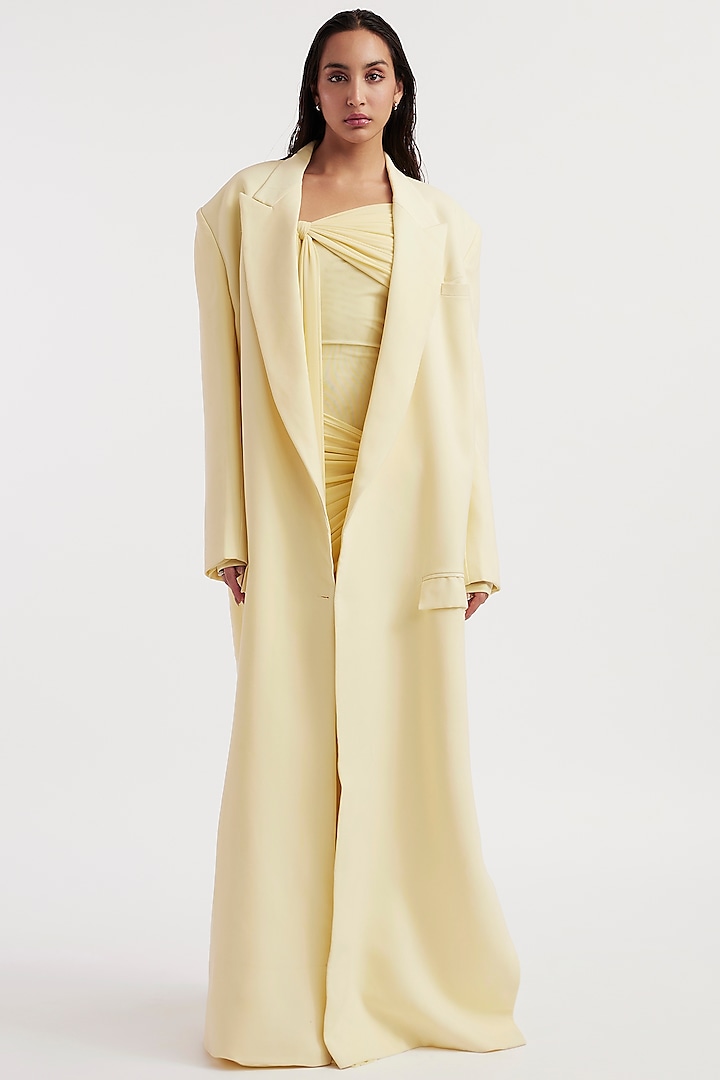 Butter Yellow Malai Lycra & Net Off-Shoulder Dress With Trench Coat by Deme by Gabriella at Pernia's Pop Up Shop