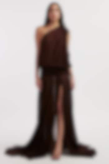 Chocolate Brown Chiffon One-Shoulder Gown by Deme by Gabriella at Pernia's Pop Up Shop