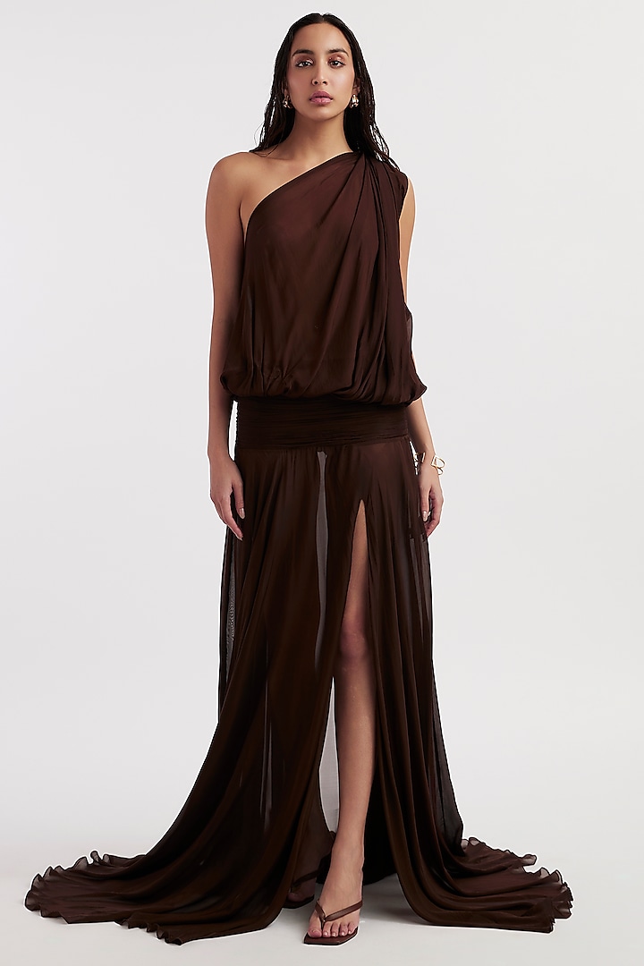 Chocolate Brown Chiffon One-Shoulder Gown by Deme by Gabriella at Pernia's Pop Up Shop