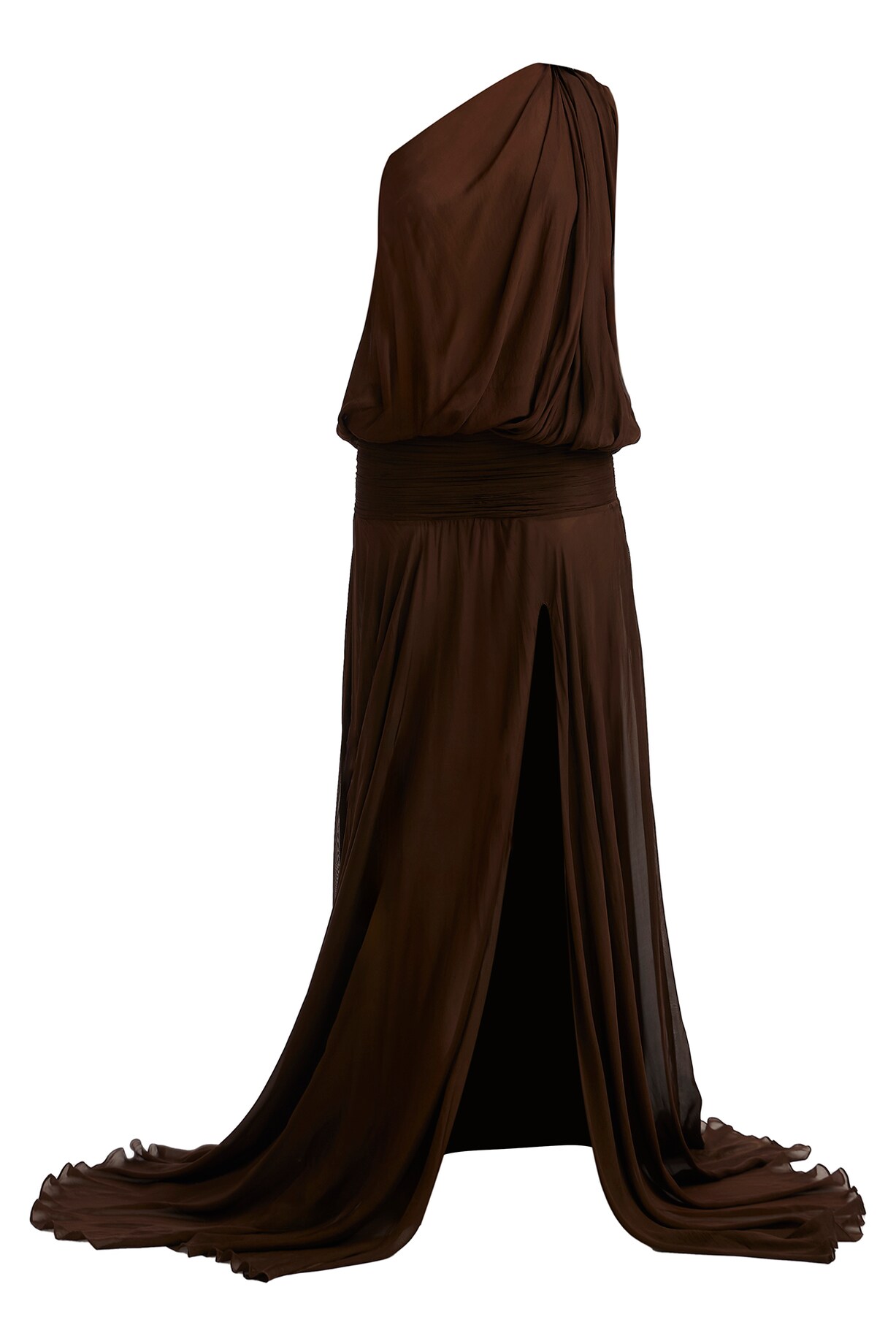 One Shoulder Chiffon Gown with Pleated Top Chocolate
