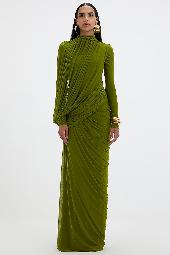 Lime Green Mala Lycra & Net Asymmetric Draped Engagement Gown by Deme by Gabriella at Pernia's Pop Up Shop