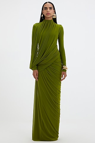 Lime Green Mala Lycra & Net Asymmetric Draped Gown by Deme by Gabriella