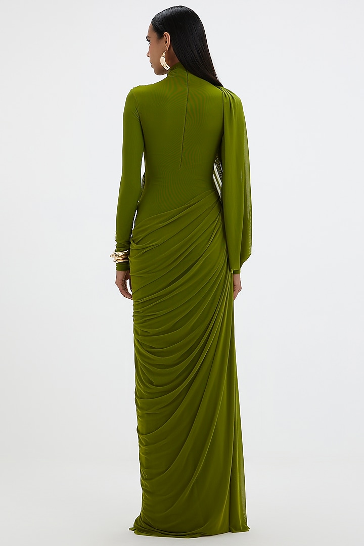 Lime Green Mala Lycra & Net Asymmetric Draped Engagement Gown by Deme by Gabriella at Pernia's Pop Up Shop