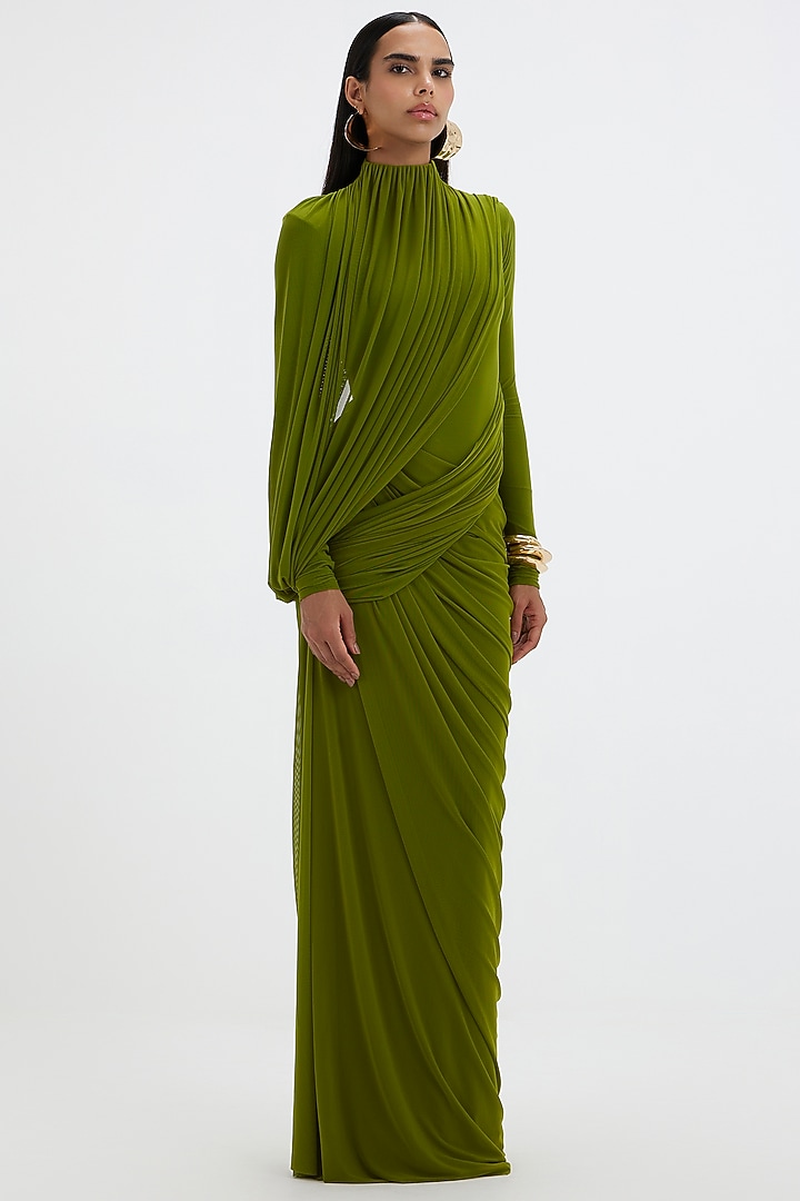 Lime Green Mala Lycra & Net Asymmetric Draped Engagement Gown by Deme by Gabriella at Pernia's Pop Up Shop