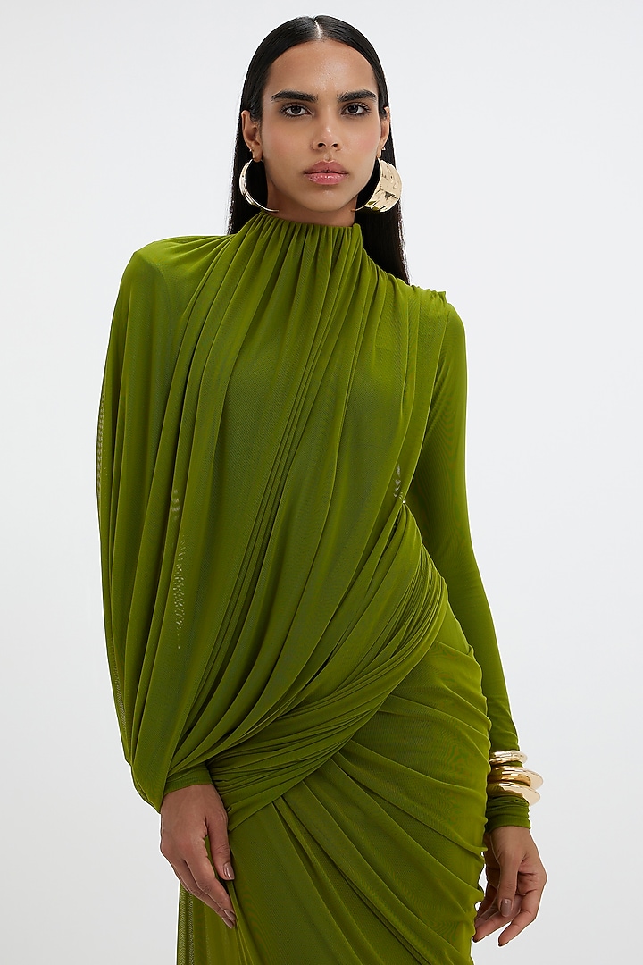 Lime Green Mala Lycra & Net Asymmetric Draped Engagement Gown by Deme by Gabriella at Pernia's Pop Up Shop