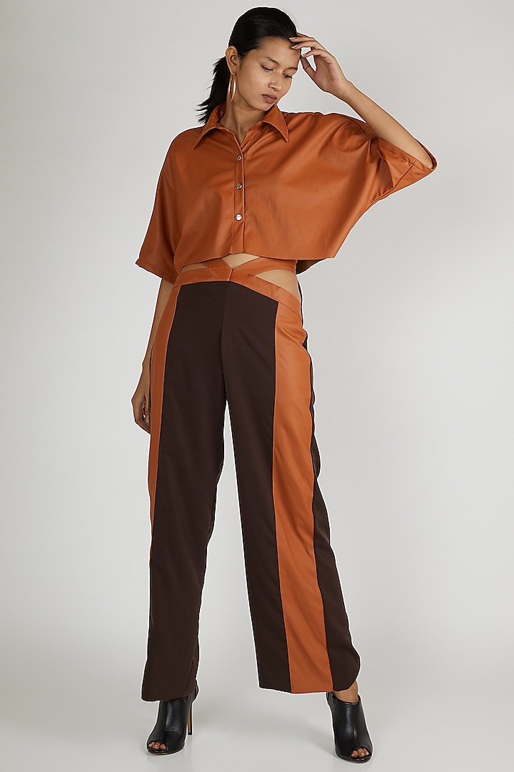 Brown Cropped Leather Shirt by Deme By Gabriella